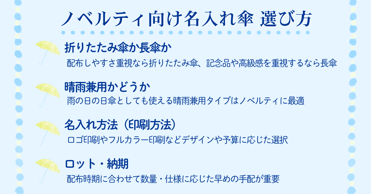 ノベルティ向け名入れ傘の選び方(折りたたみ傘・長傘・印刷方法・納期のポイント)