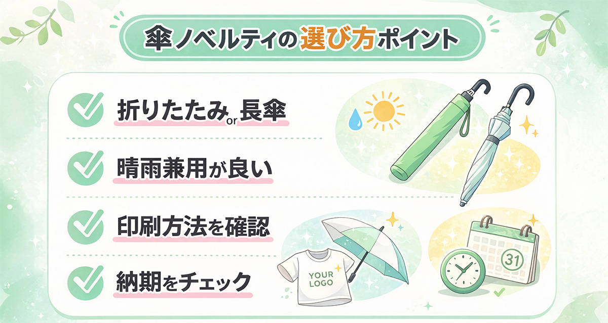 傘ノベルティの選び方ポイント（折りたたみ・晴雨兼用・印刷・納期）