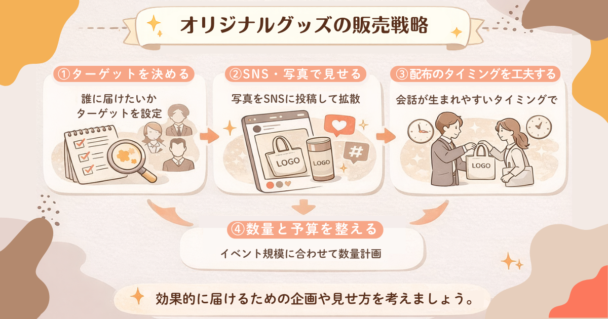 オリジナルグッズの販売戦略をターゲット設定から配布方法まで整理した図解