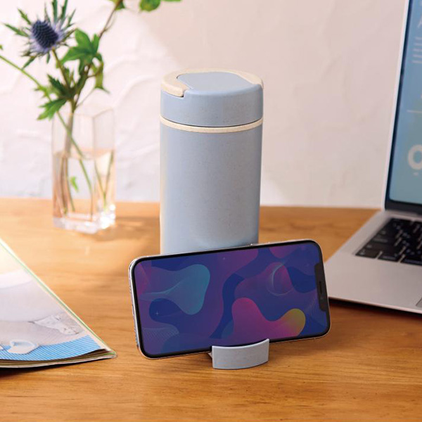 スマホスタンド付きバンブーボトル400ml（ブルー）
