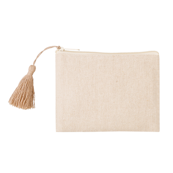 リサイクルコットンタッセル付きフラットポーチ（ベージュ）
