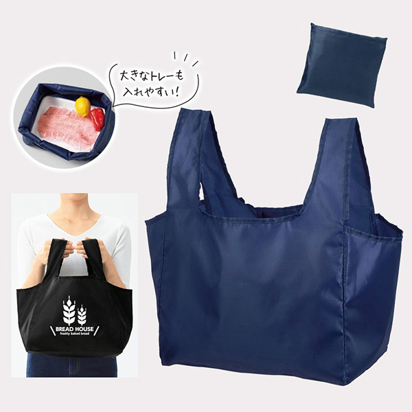 プレント／マチ広お買い物バッグ（ネイビー）