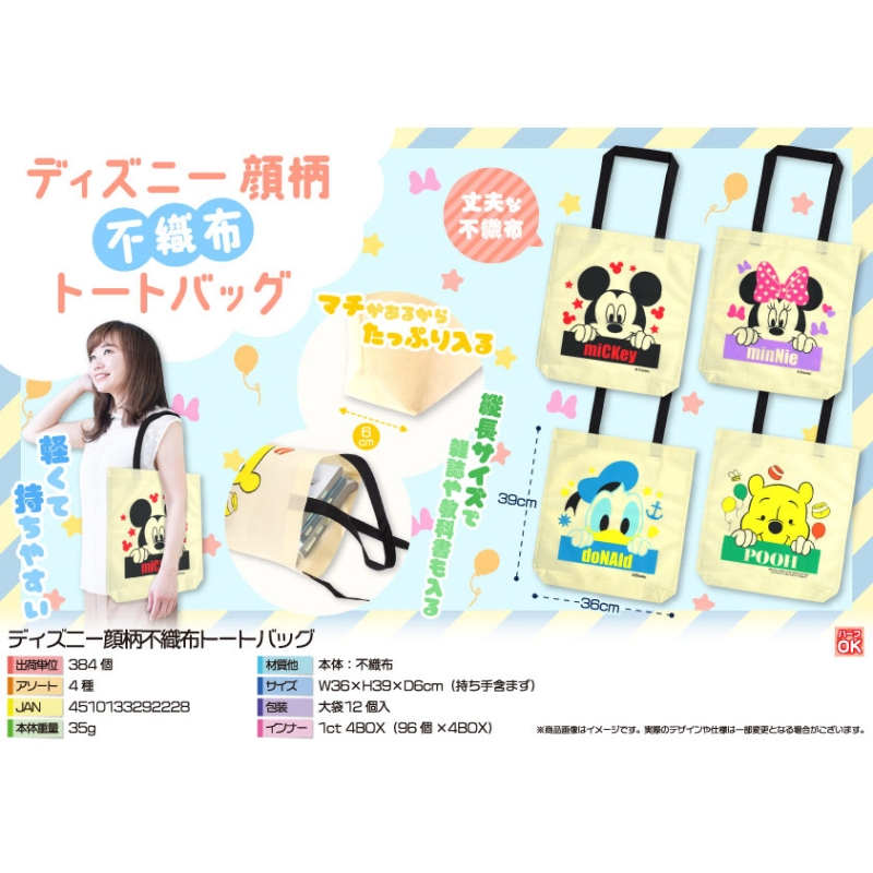 キャラクター顔柄不織布トートバッグ【カートン割れ不可】
